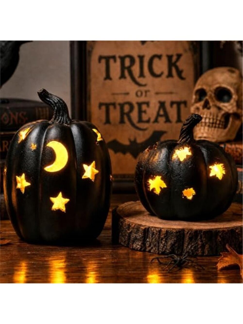 2 PCS Black Resin Light‑Up Pumpkin Figurine,5.3"H Halloween Table Decor